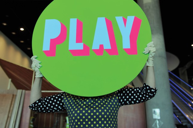 Morag Myerscough with signage for her Pavilion for the Library of Birmingham Discovery Season, credit Library of Birmingham